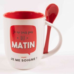 Mug à message avec cuillère – Je ne suis pas du matin mais je me soigne !