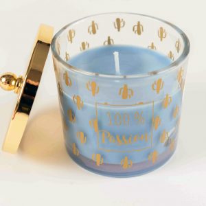 Bougie bleu senteur musc blanc- cactus doré et couvercle doré – 100% Passion