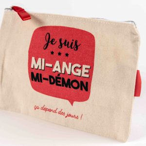 Pochette en toile à message -Je suis mi-ange mi-démon ça dépend des jours !