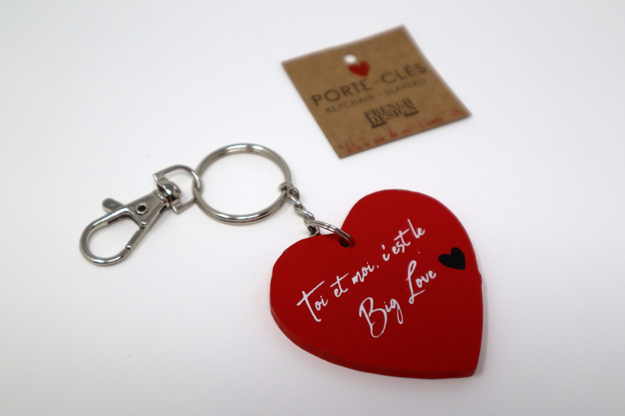 porte-clés en bois couleur rouge, à message - toi et moi c'est le big love