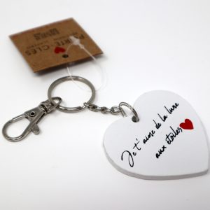 porte-clés en bois couleur blanc, à message- Je t’aime de la lune aux étoiles