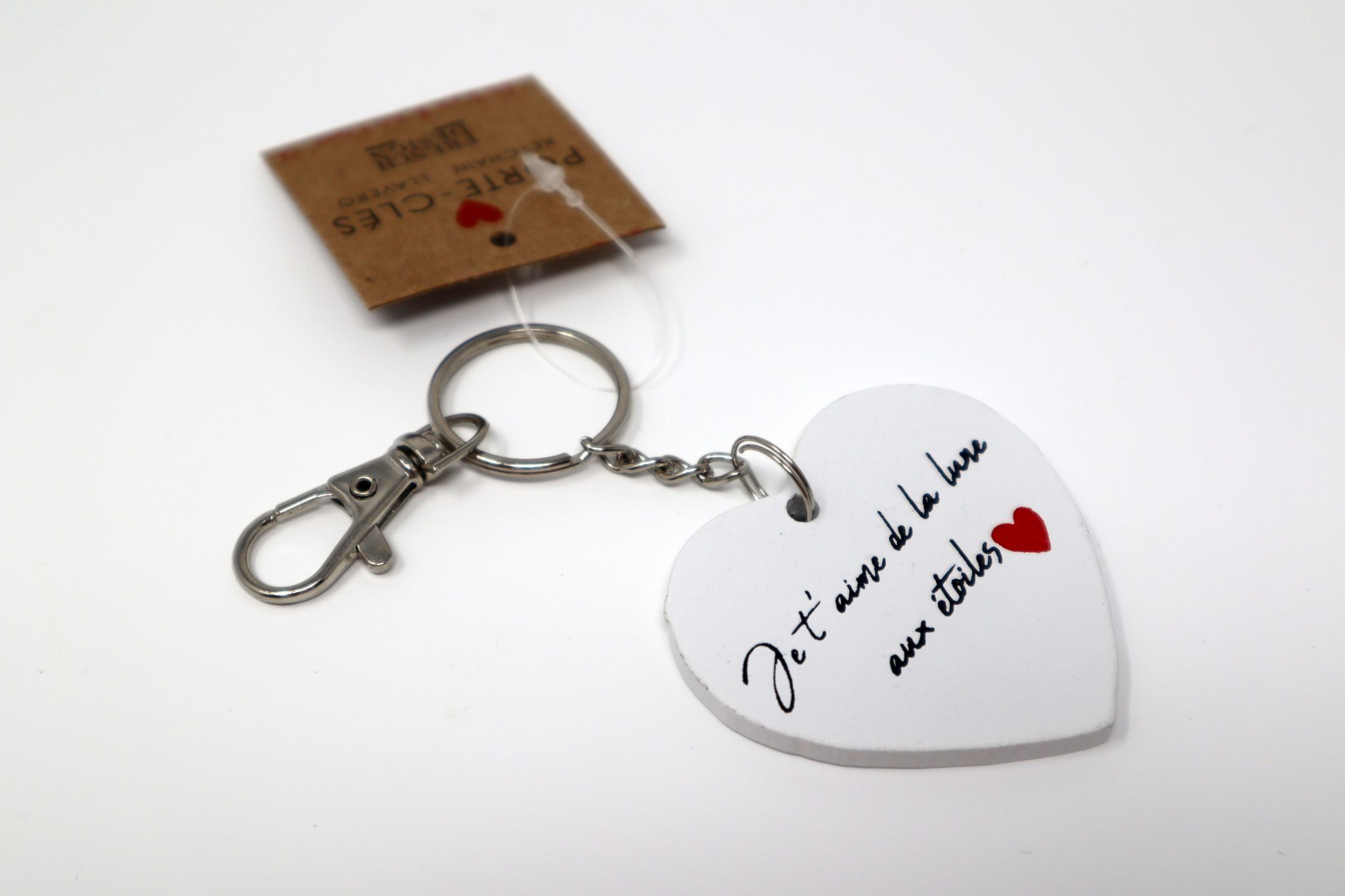 porte-clés en bois couleur blanc, à message- Je t'aime de la lune aux étoiles